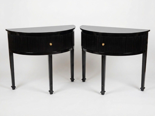 Pair of Black Lacquered Demilune Tables