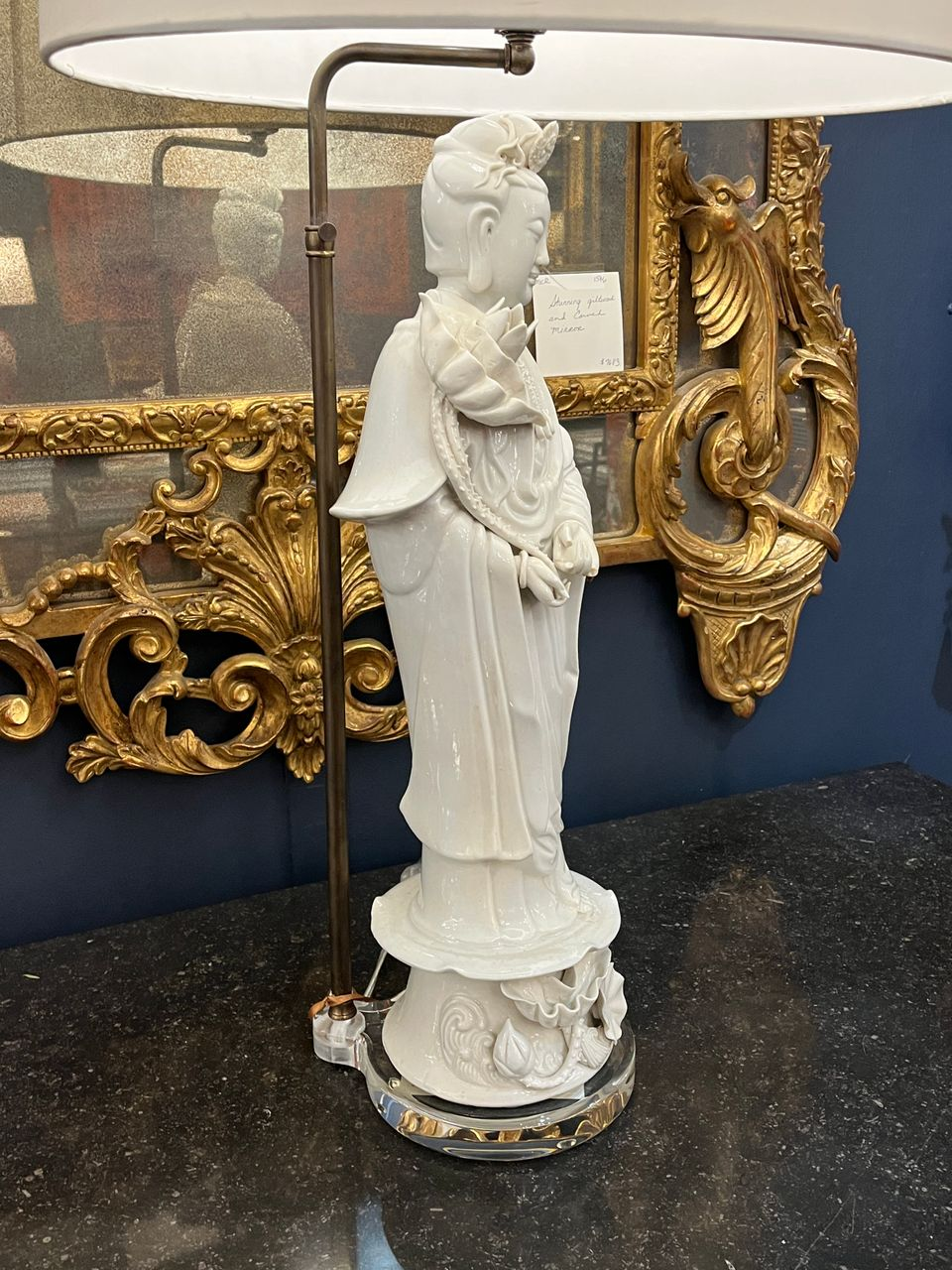 Porcelain Quan Yin Table Lamp with Silk Shade