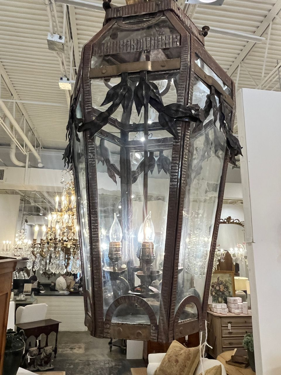 1910 Iron and Brass Lantern Chandelier