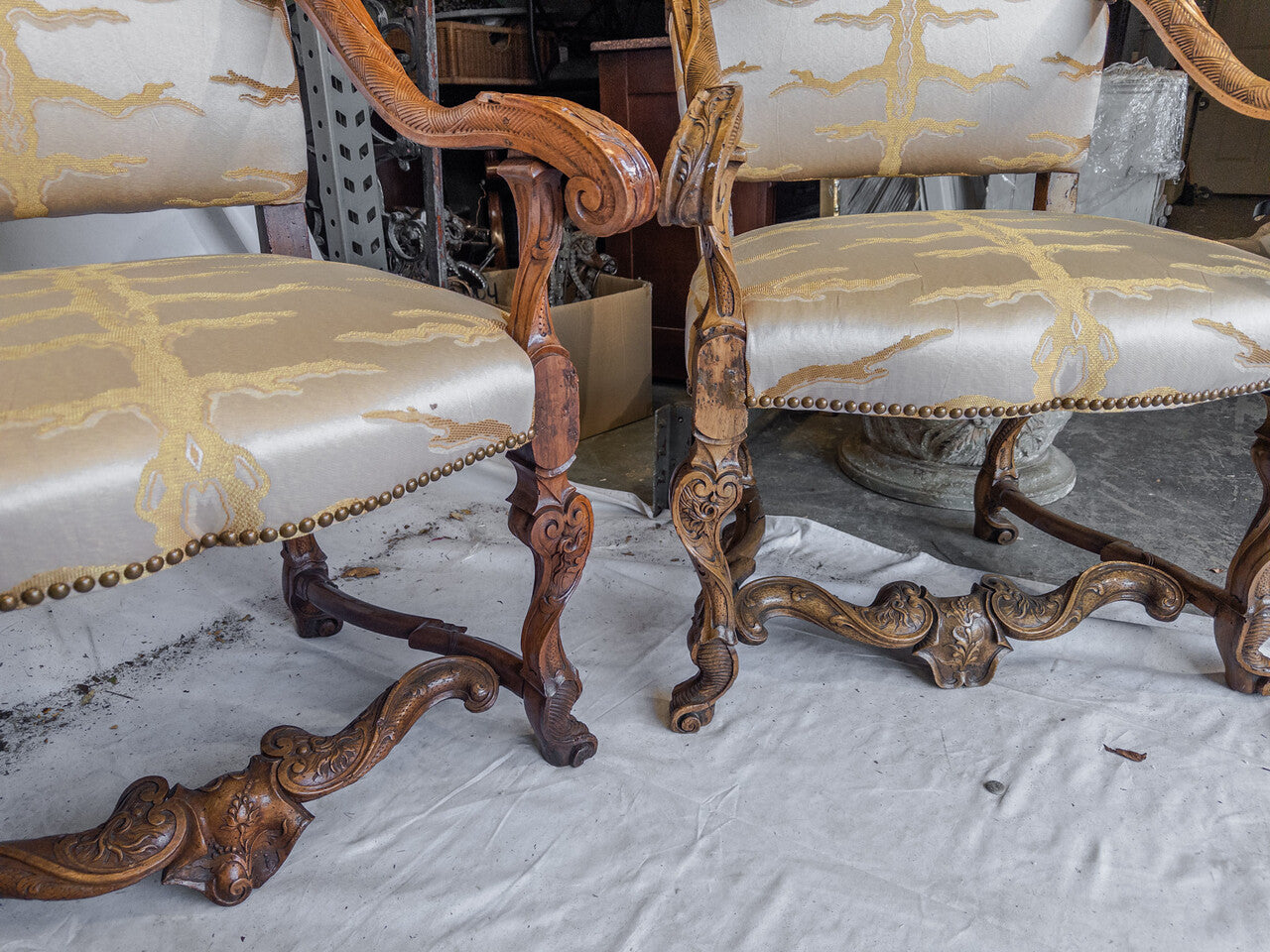 Pair of 19th Century Italian Baroque Carved Walnut Tall Armchairs