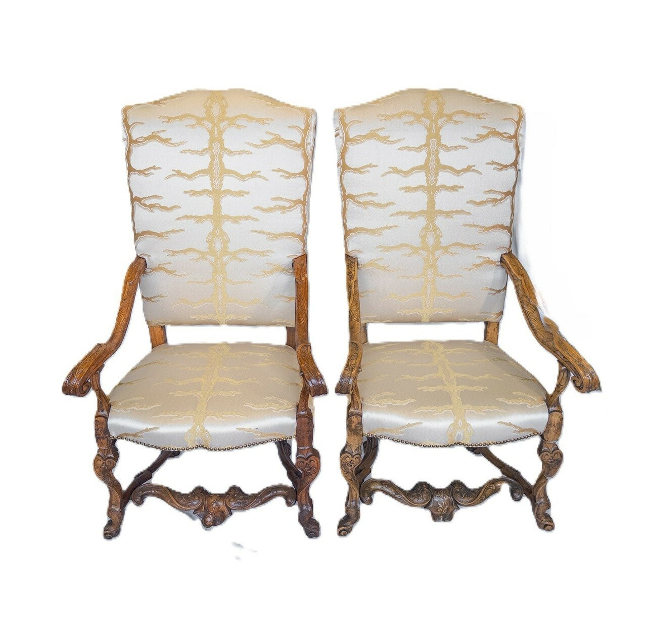 Pair of 19th Century Italian Baroque Carved Walnut Tall Armchairs