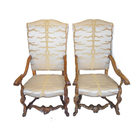 Pair of 19th Century Italian Baroque Carved Walnut Tall Armchairs
