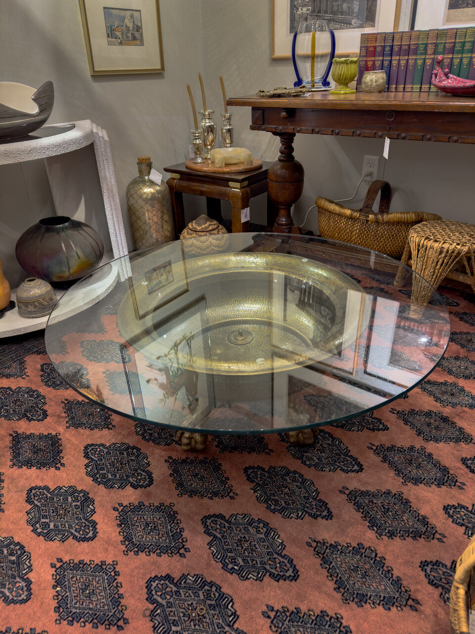 19th Century Spanish Brass Ball and Clawfoot Brazier / Table with Glass Top
