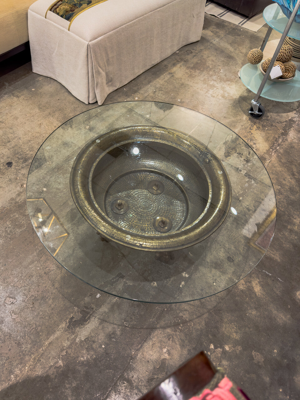 19th Century Spanish Brass Ball and Clawfoot Brazier / Table with Glass Top