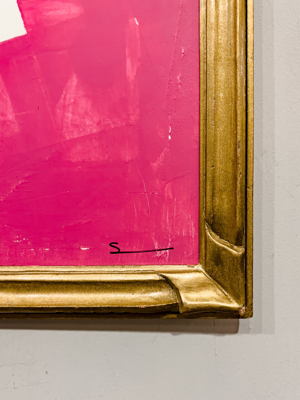 Original Modern Contemporary Pink and White Painting in Antique Gilt Frame