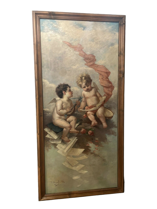 1890's French Painting "Two Putti as Allegories of Music"