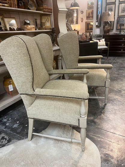 Pair of Linen Upholstered Wing Back Chairs with Nail Head Trim