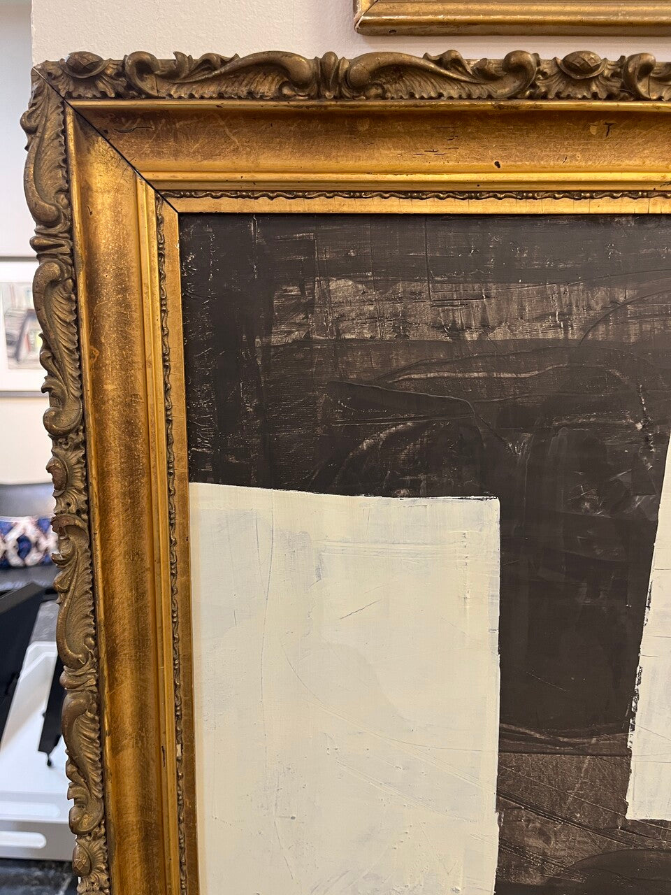 Original B&W Abstract Painting in Antique Frame