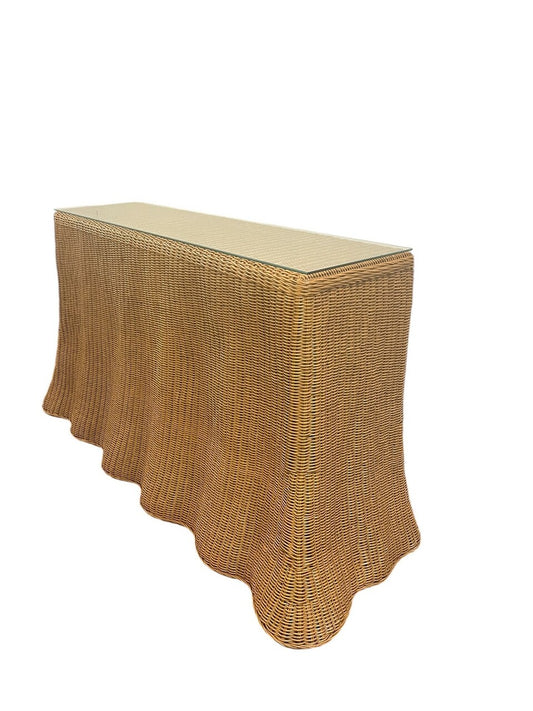 1970's Wicker Rattan Skirted Console Table