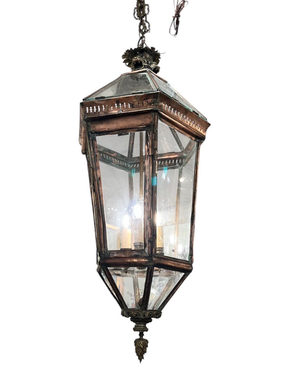 Large 19th Century Copper and Brass French Lantern Chandelier