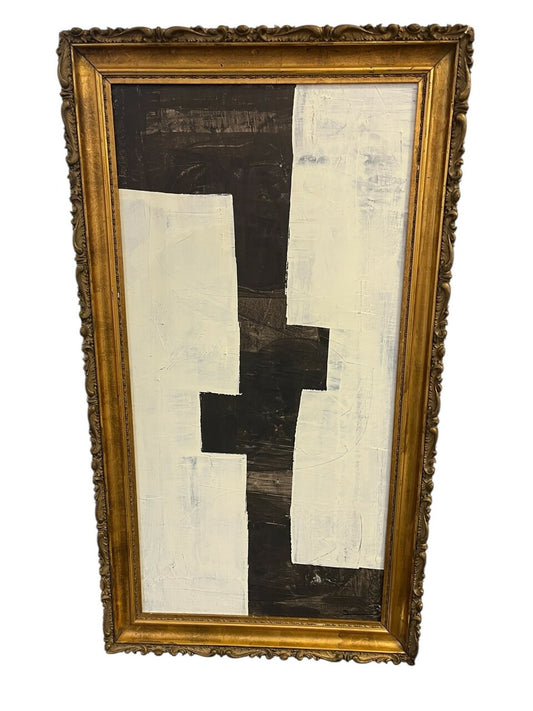 Original B&W Abstract Painting in Antique Frame