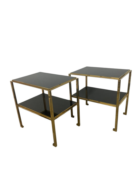 Pair Mid Century Modern Gilt Two -Tiered End Tables with Black Glass