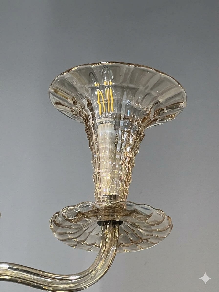 Mid Century Italian Murano Gold Glass 6 Arm Chandelier