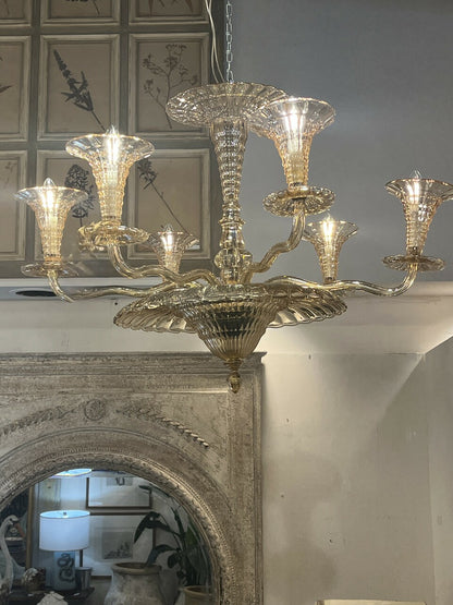 Mid Century Italian Murano Gold Glass 6 Arm Chandelier