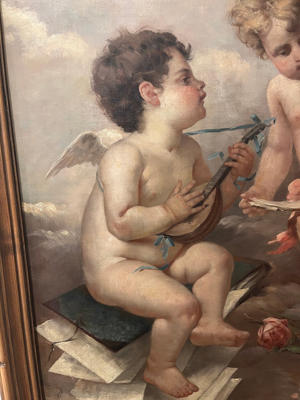 1890's French Painting "Two Putti as Allegories of Music"