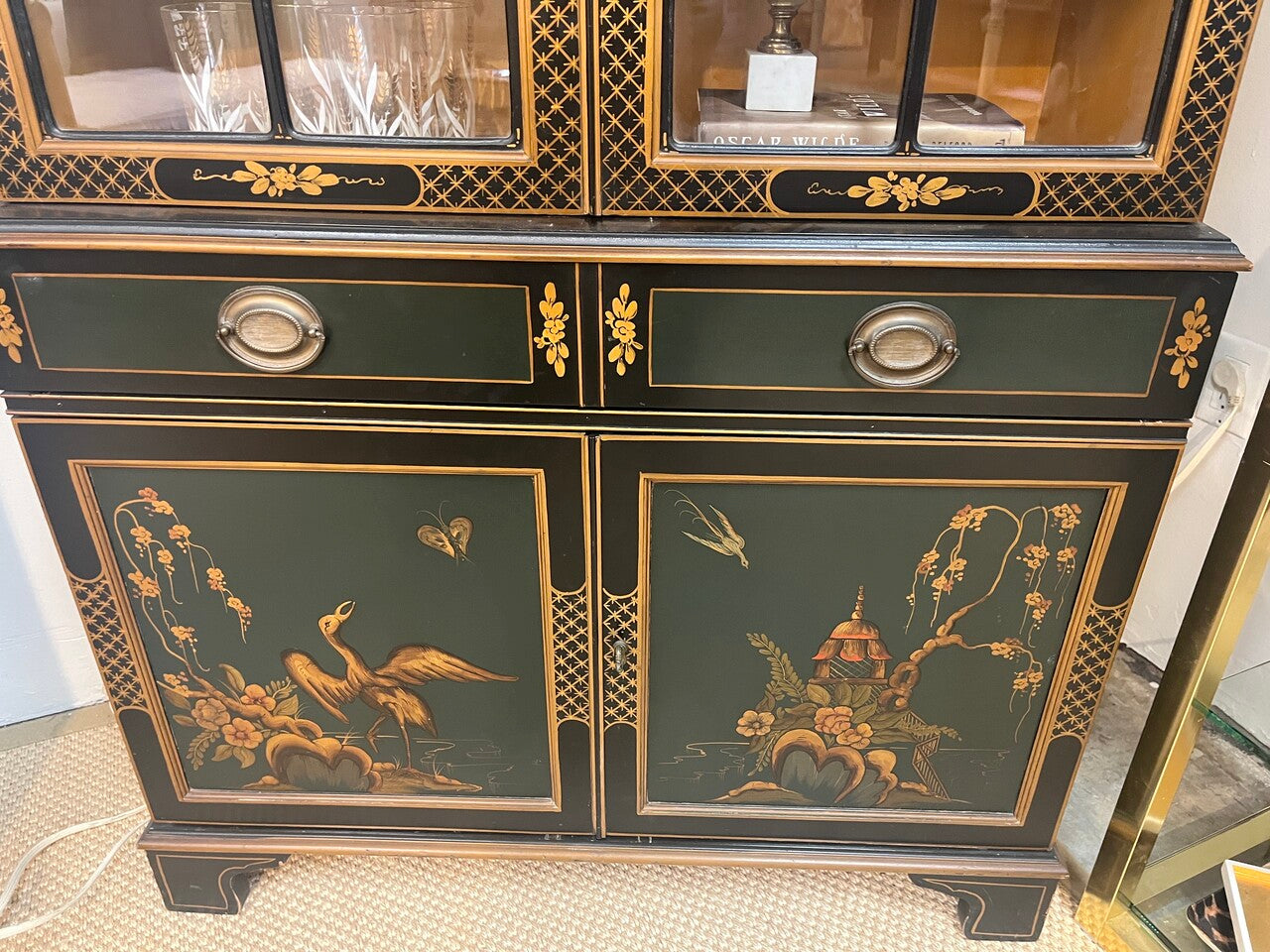 Vintage Lacquered Chinoiserie China Cabinet