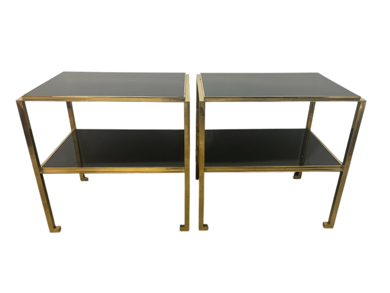 Pair Mid Century Modern Gilt Two -Tiered End Tables with Black Glass