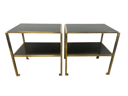 Pair Mid Century Modern Gilt Two -Tiered End Tables with Black Glass