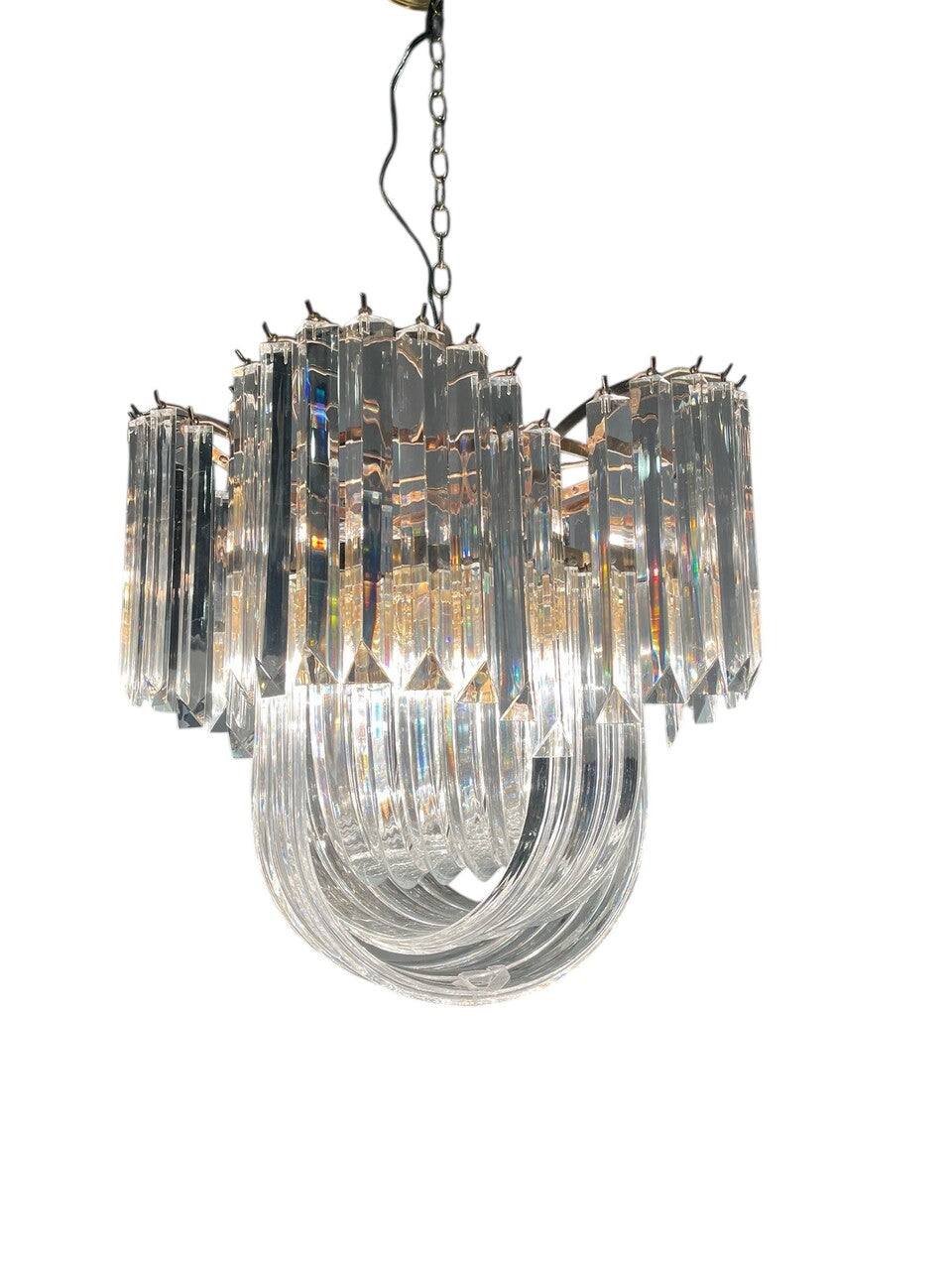 Mid Century Lucite and Brass 13 light Ribbon Chandelier