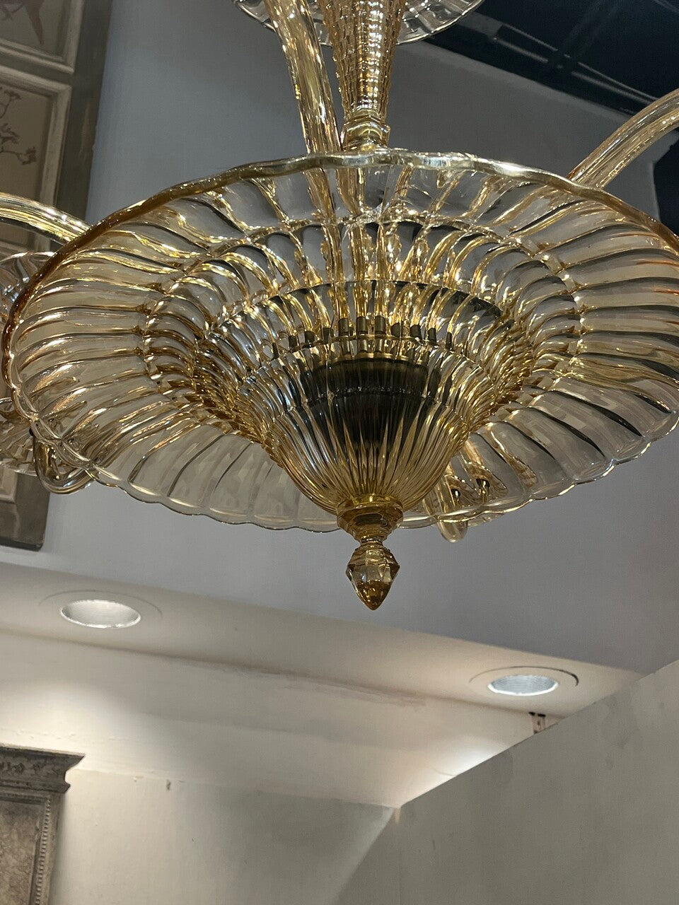 Mid Century Italian Murano Gold Glass 6 Arm Chandelier