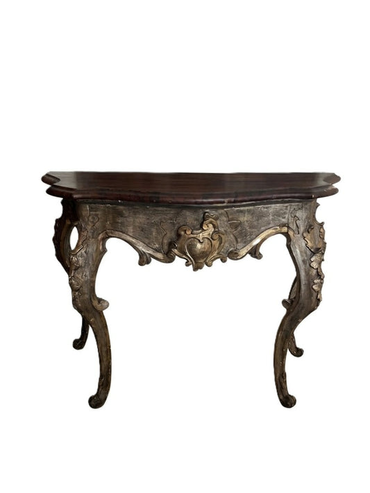 18th Century Italian Rococo Silvered & Giltwood Console Table