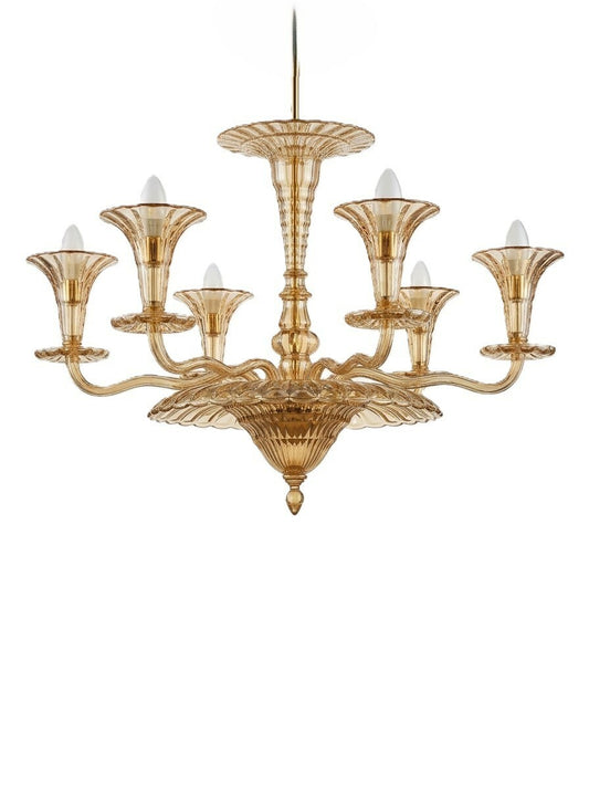 Mid Century Italian Murano Gold Glass 6 Arm Chandelier