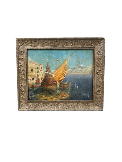 French Oil on Canvas Harbor Scene