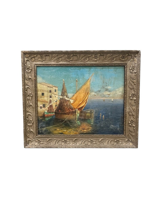French Oil on Canvas Harbor Scene