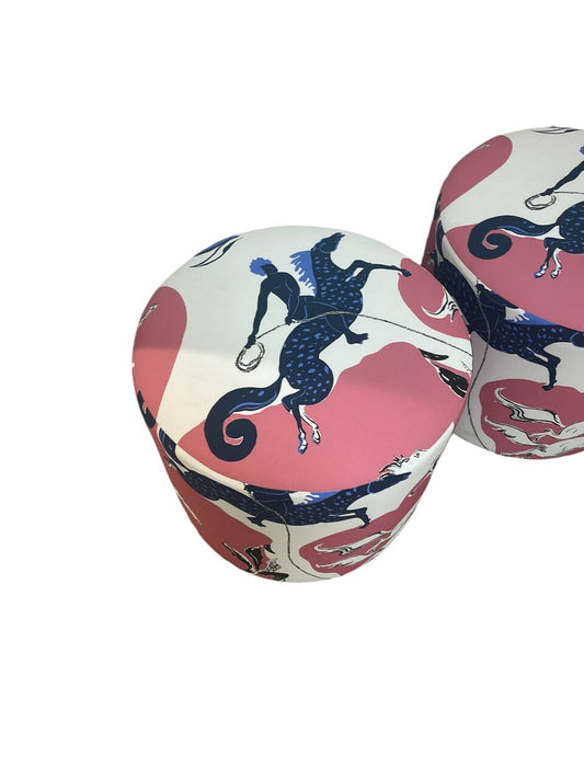 Custom made Ottomans with Walter Lee Culp, Hermes style fabric