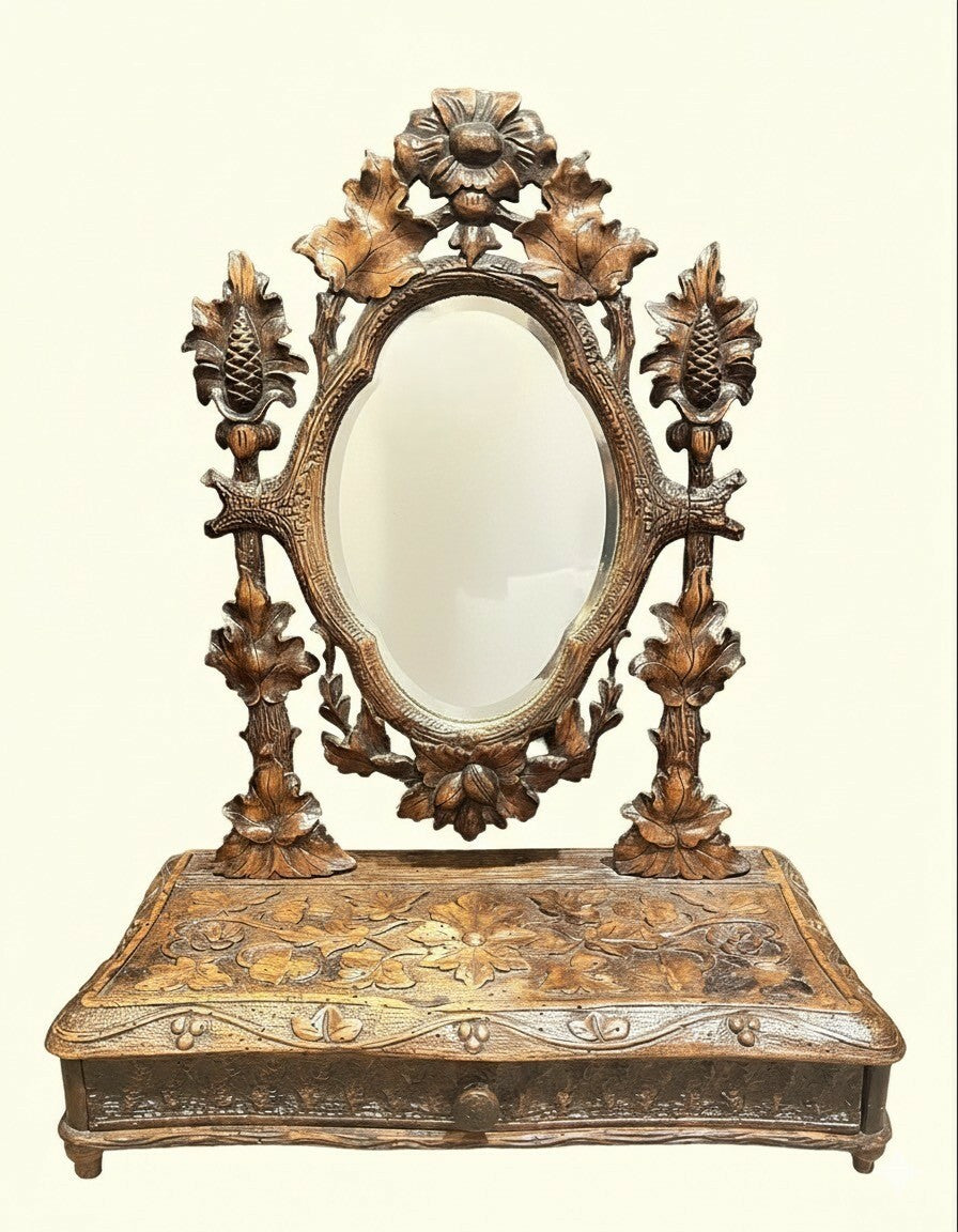 19th C Black Forest Dressing Table w/ Drawer and Mirror
