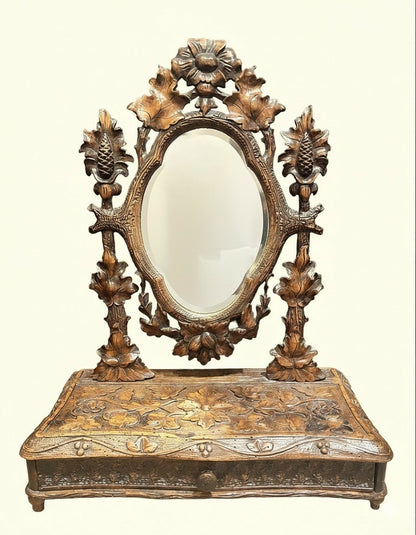 19th C Black Forest Dressing Table w/ Drawer and Mirror