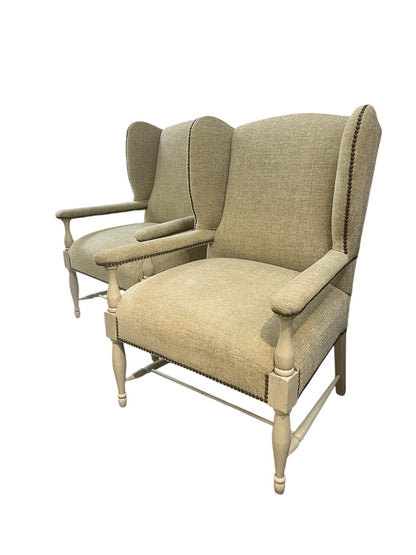 Pair of Linen Upholstered Wing Back Chairs with Nail Head Trim