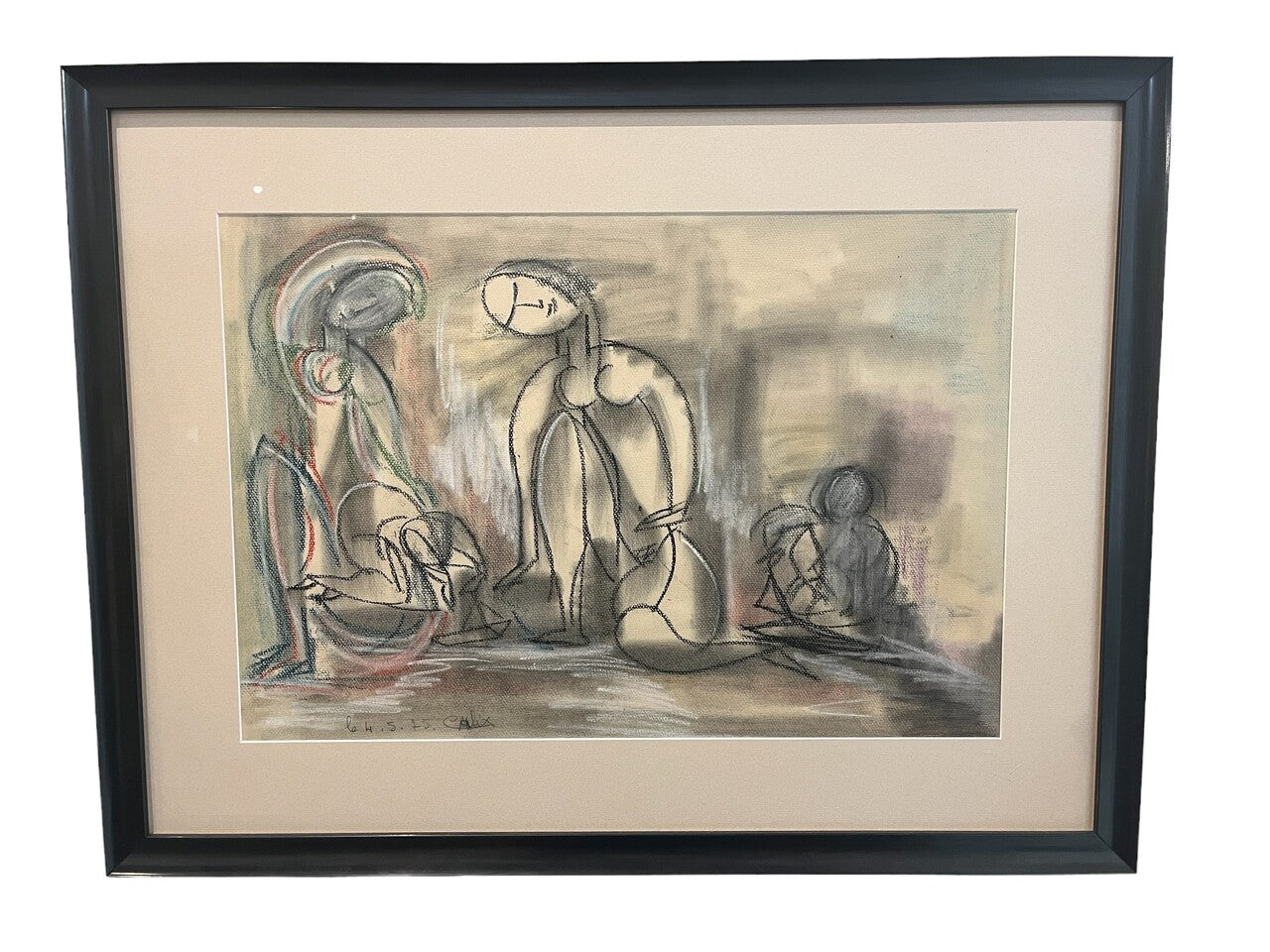 Chalk, Pencil, Crayon Drawing "Two Women" on Paper
