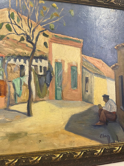 Elsa Desportes Village Scene Oil on Board