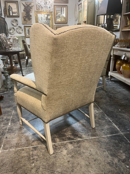 Pair of Linen Upholstered Wing Back Chairs with Nail Head Trim