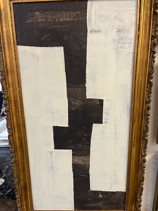 Original B&W Abstract Painting in Antique Frame