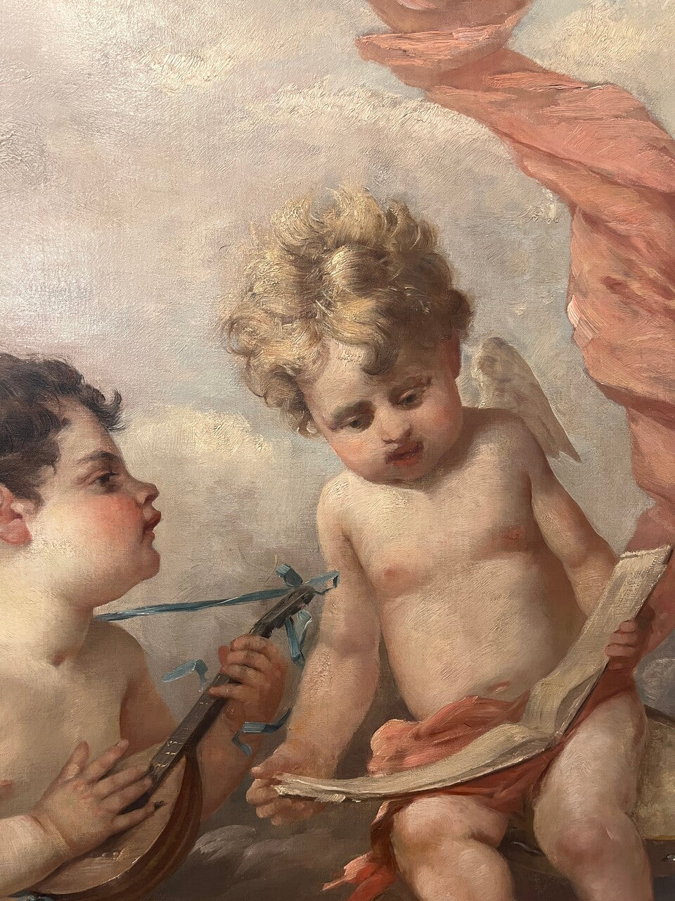 1890's French Painting "Two Putti as Allegories of Music"