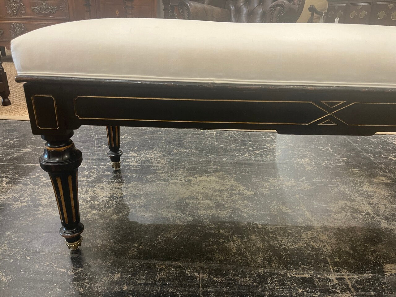 19th Century Bench Ebonized with gilt accenting, stamped brass, on Casters