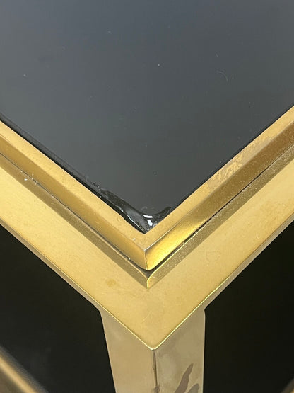 Pair Mid Century Modern Gilt Two -Tiered End Tables with Black Glass
