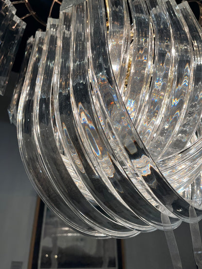 Mid Century Lucite and Brass 13 light Ribbon Chandelier