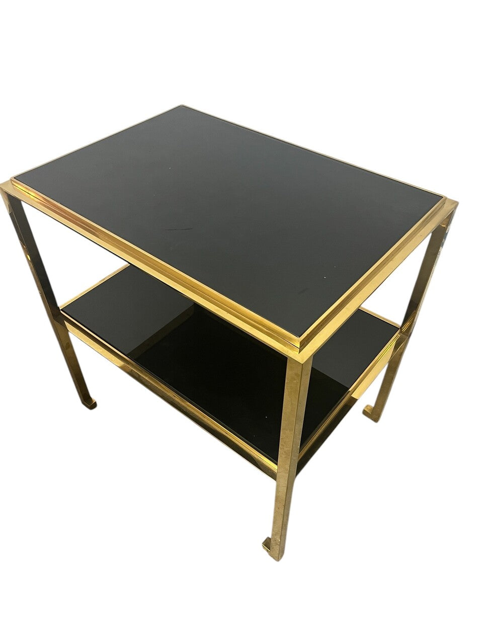 Pair Mid Century Modern Gilt Two -Tiered End Tables with Black Glass
