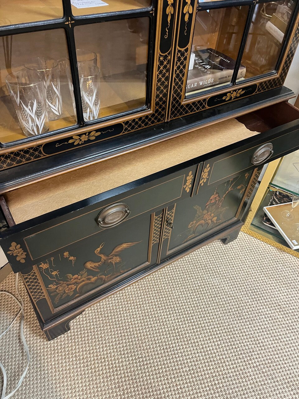 Vintage Lacquered Chinoiserie China Cabinet