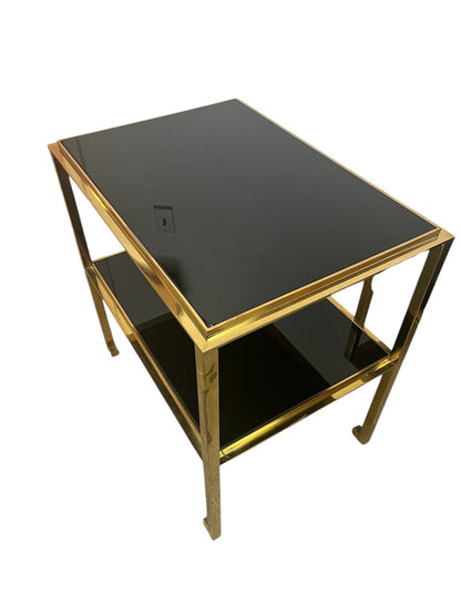 Pair Mid Century Modern Gilt Two -Tiered End Tables with Black Glass