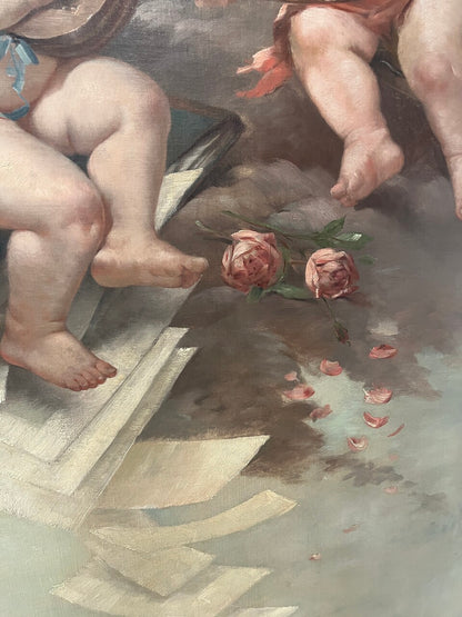 1890's French Painting "Two Putti as Allegories of Music"