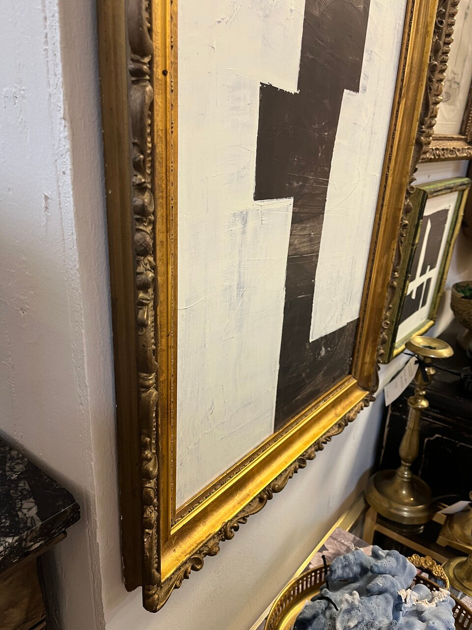 Original B&W Abstract Painting in Antique Frame