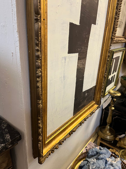 Original B&W Abstract Painting in Antique Frame