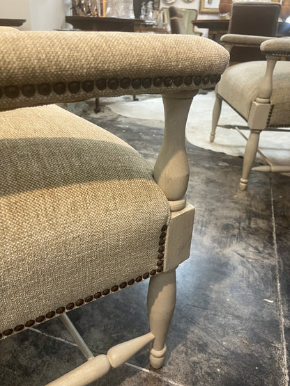 Pair of Linen Upholstered Wing Back Chairs with Nail Head Trim
