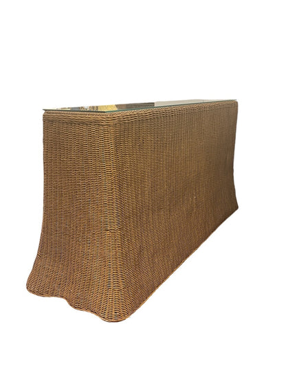 1970's Wicker Rattan Skirted Console Table