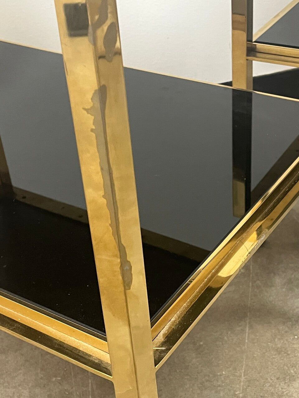 Pair Mid Century Modern Gilt Two -Tiered End Tables with Black Glass