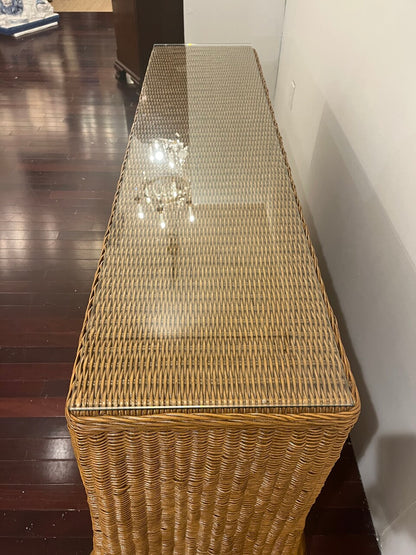 1970's Wicker Rattan Skirted Console Table